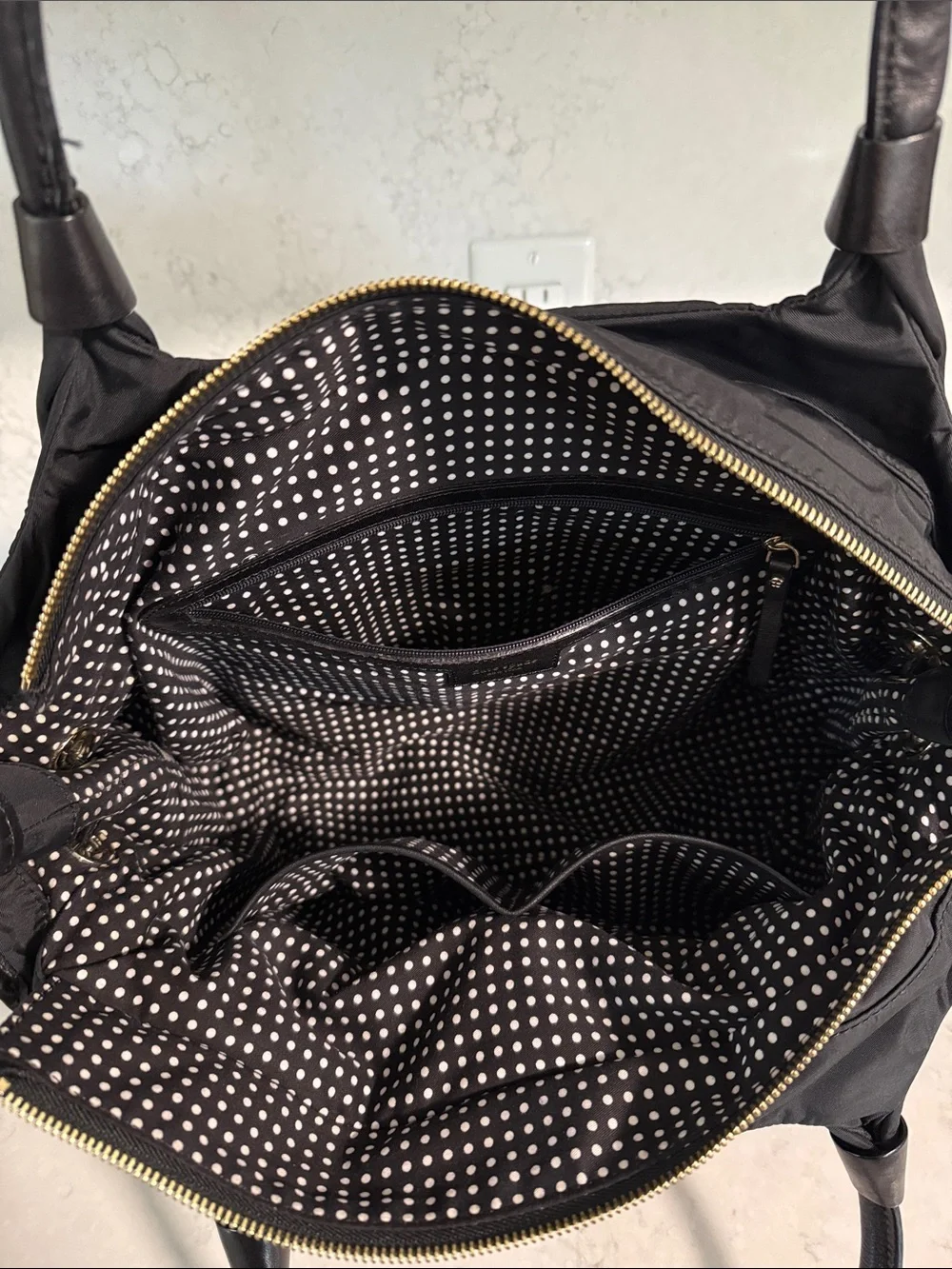 kate spade Black Nylon Shoulder Bag with Gold-Tone Plaque & Polka Dot Lining